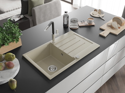 Mexen Bruno Granitspüle 1-beckig mit Abtropffläche und Küchenarmatur Flora, beige - 6513-69-670401-07