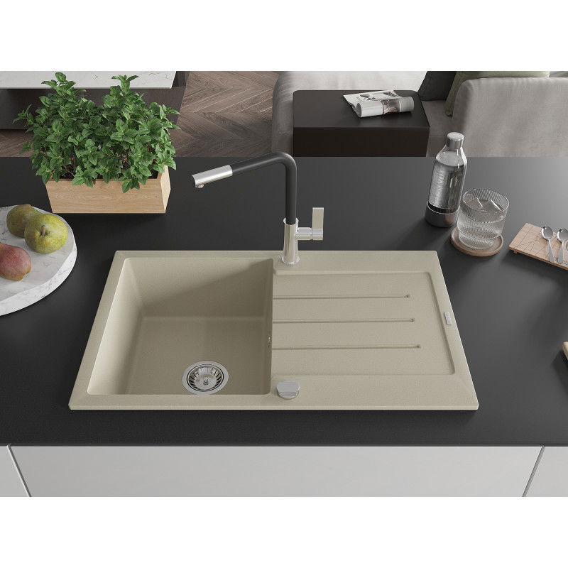 Mexen Bruno Granitspullang mat enger Schossel mat Drain an Kichekran Flora, beige - 6513-69-670401-07