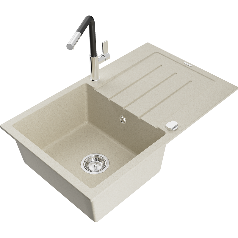 Mexen Bruno 1-bowl granite sink with drainer and Flora kitchen tap, beige - 6513-69-670401-07