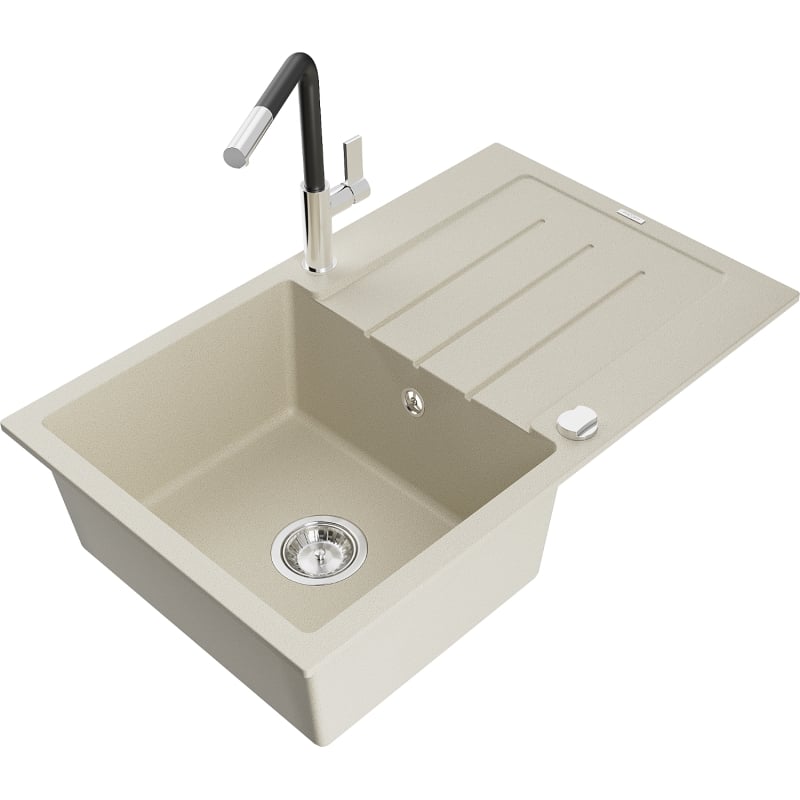 Mexen Bruno évier de cuisine en granit à 1 bac avec égouttoir et robinet Flora, beige - 6513-69-670401-07