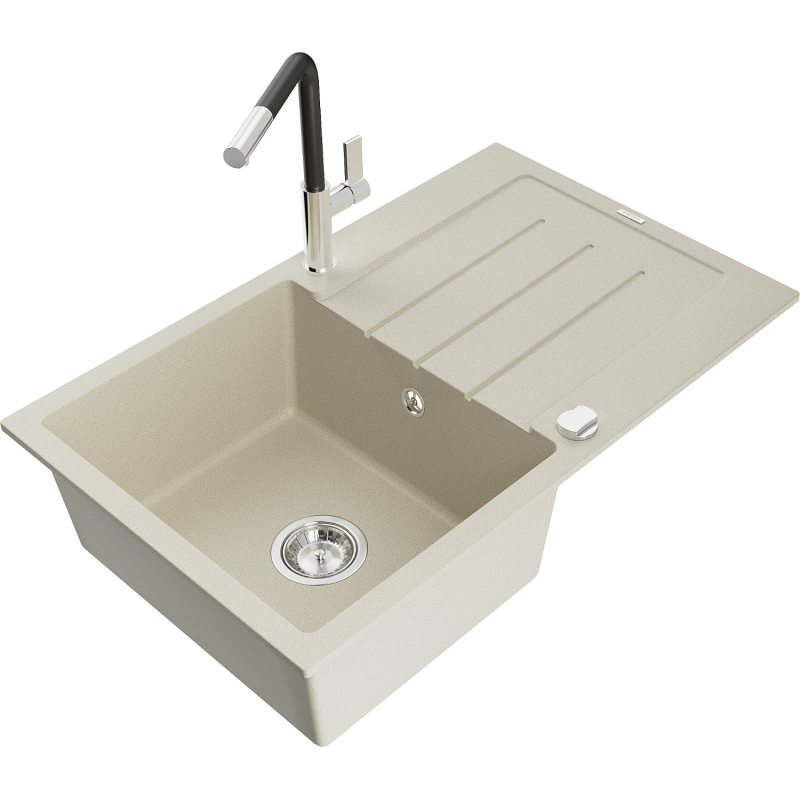 Mexen Bruno fregadero de granito 1-cubeta con escurridor y grifo de cocina Flora, beige - 6513-69-670401-07