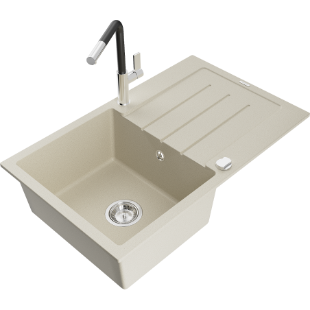 Mexen Bruno 1-bowl granite sink with drainer and Flora kitchen tap, beige - 6513-69-670401-07