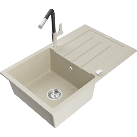 Mexen Bruno granieten gootsteen 1-komorige met afdruipvlak en keukenkraan Flora, beige - 6513-69-670401-07