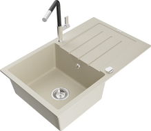 Mexen Bruno lavello da cucina in granito con 1 vasca e scolapiatti e rubinetto Flora, beige - 6513-69-670401-07