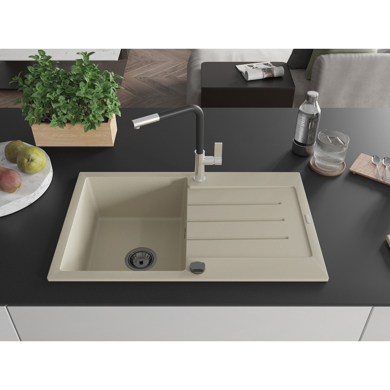Mexen Bruno Granit gootsteen 1-baks met afdruiprek en keukenkraan Flora, beige - 6513-69-670401-07-B