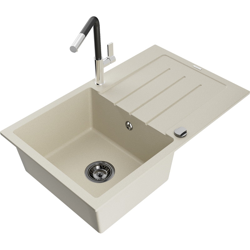 Mexen Bruno Granit gootsteen 1-baks met afdruiprek en keukenkraan Flora, beige - 6513-69-670401-07-B