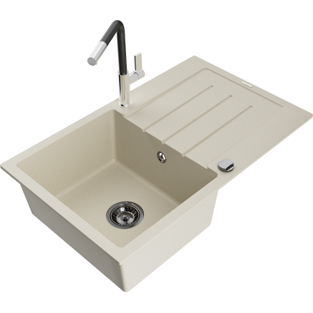 Mexen Bruno Granit gootsteen 1-baks met afdruiprek en keukenkraan Flora, beige - 6513-69-670401-07-B
