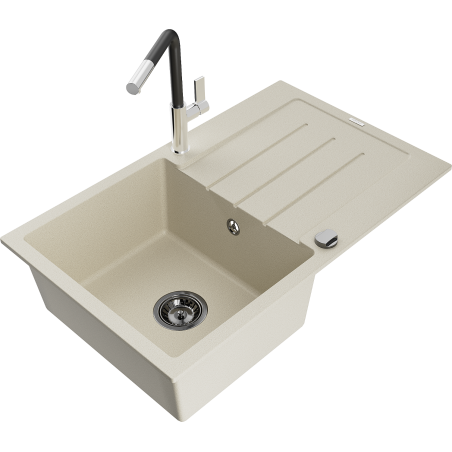 Mexen Bruno granite sink 1-bowl with drainer and Flora kitchen tap, beige - 6513-69-670401-07-B