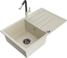 Mexen Bruno granieten spoelbak 1-kompartiment met afdruiprek en keukenkraan Flora, beige - 6513-69-670401-07-B