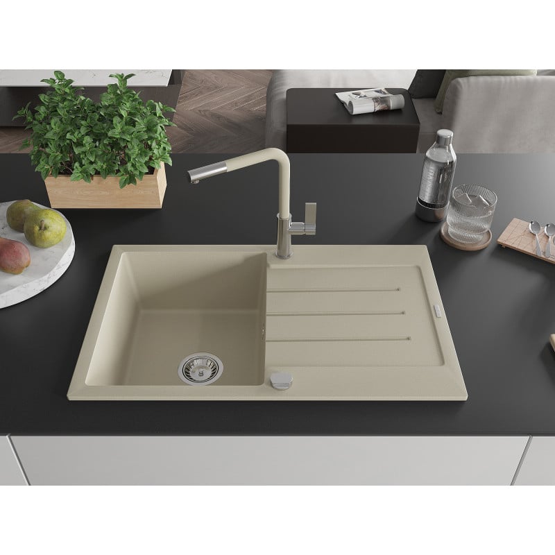 Mexen Bruno évier en granit 1 bac avec égouttoir et robinet de cuisine Flora, beige - 6513-69-670401-09