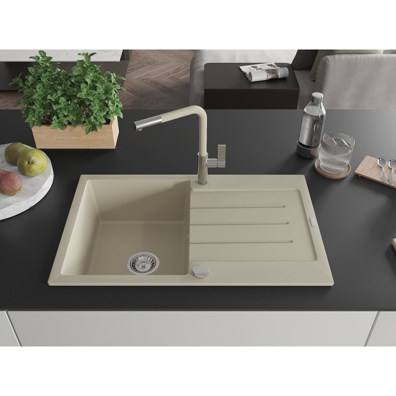 Mexen Bruno granitische gootsteen 1-kompartment met afdruiprek en keukenkraan Flora, beige - 6513-69-670401-09