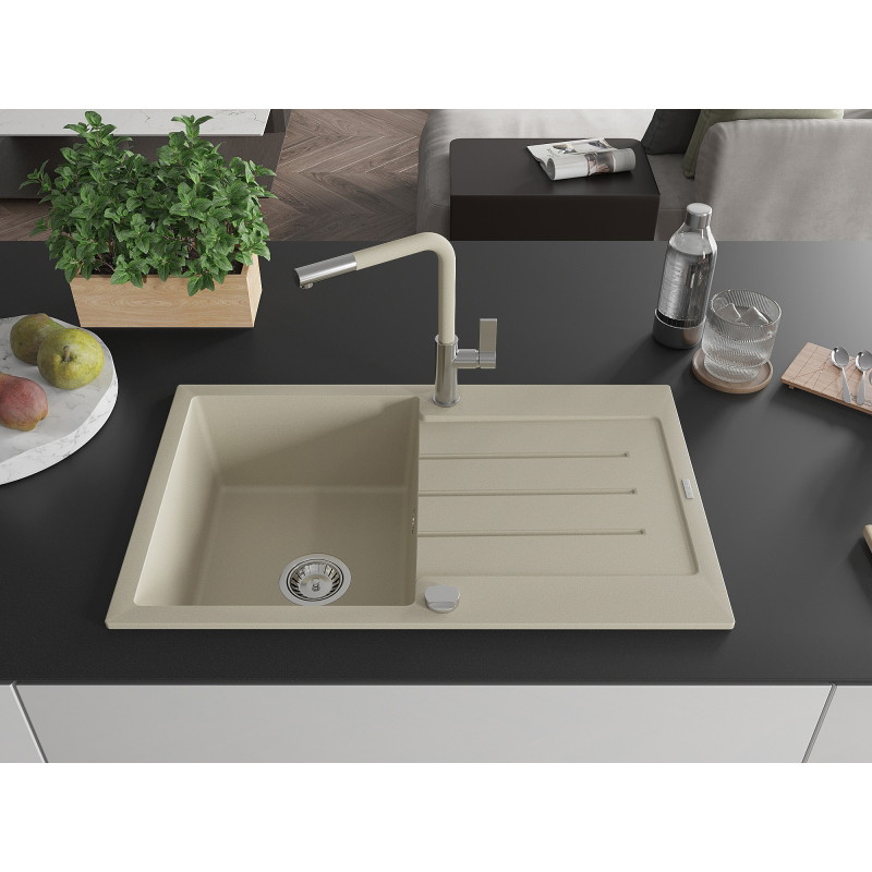 Mexen Bruno granitspüle 1-becken mit abtropffläche und küchenarmatur Flora, beige - 6513-69-670401-09