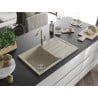 Mexen Bruno Granitspüle, 1-beckig mit Abtropffläche und Küchenarmatur Flora, beige - 6513-69-670401-09