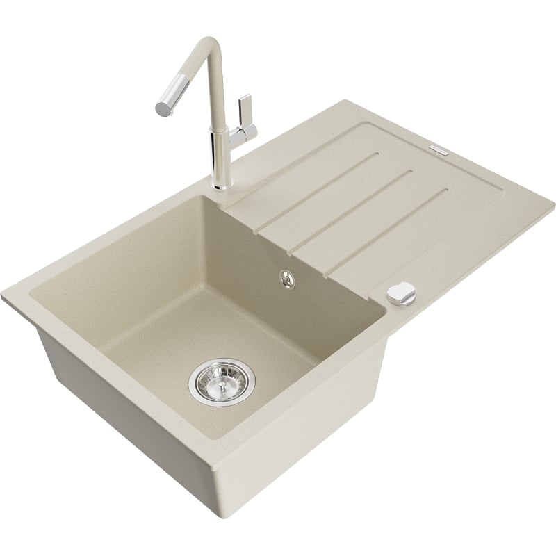 Mexen Bruno granitische gootsteen 1-kompartment met afdruiprek en keukenkraan Flora, beige - 6513-69-670401-09
