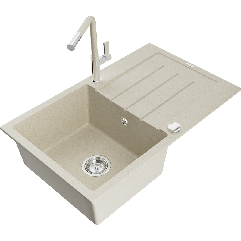 Mexen Bruno Granitspüle, 1-beckig mit Abtropffläche und Küchenarmatur Flora, beige - 6513-69-670401-09