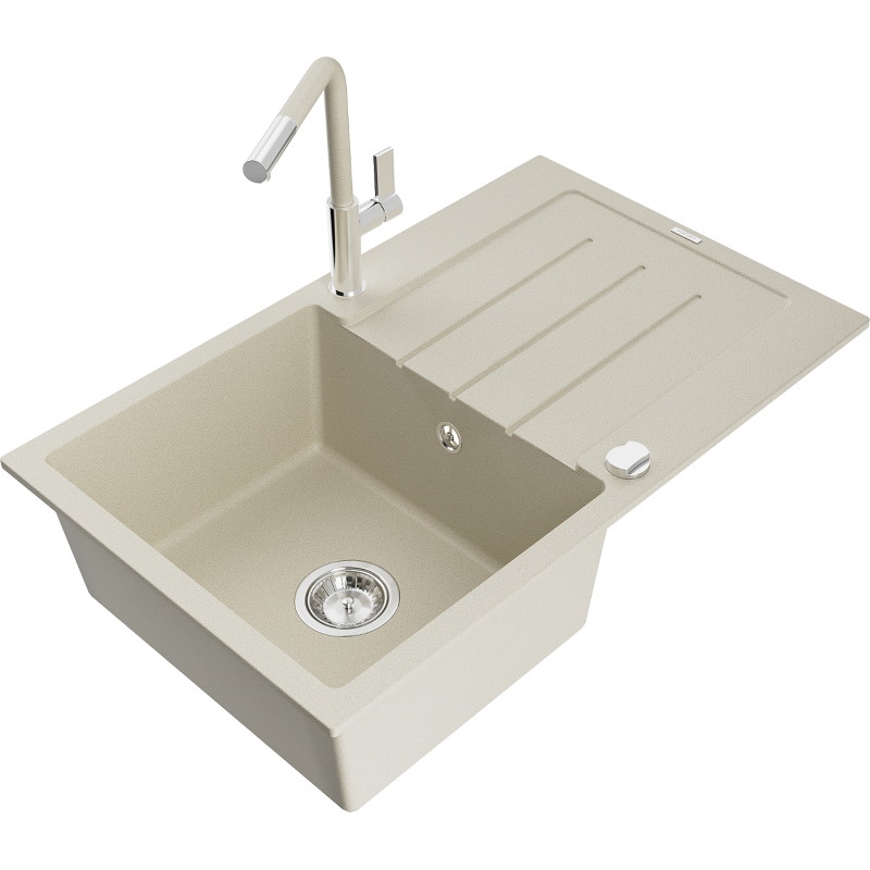 Mexen Bruno lavello in granito monocamera con sgocciolatoio e rubinetto cucina Flora, beige - 6513-69-670401-09