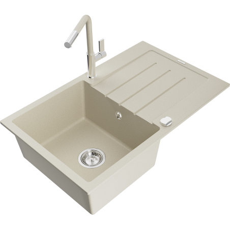 Mexen Bruno granitische gootsteen 1-kompartment met afdruiprek en keukenkraan Flora, beige - 6513-69-670401-09