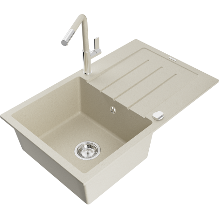 Mexen Bruno Granitspüle, 1-beckig mit Abtropffläche und Küchenarmatur Flora, beige - 6513-69-670401-09