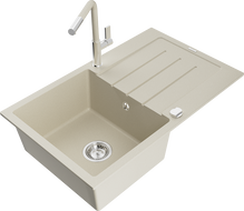 Mexen Bruno Granitspüle, 1-beckig mit Abtropffläche und Küchenarmatur Flora, beige - 6513-69-670401-09