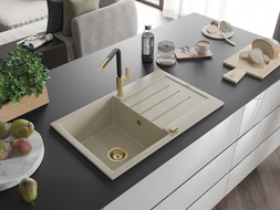 Mexen Bruno évier en granit 1 bac avec égouttoir et robinet de cuisine Flora, beige - 6513-69-670401-57-G