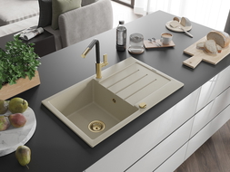 Mexen Bruno Granitspüle 1-Kammer mit Abtropffläche und Küchenarmatur Flora, beige - 6513-69-670401-57-G