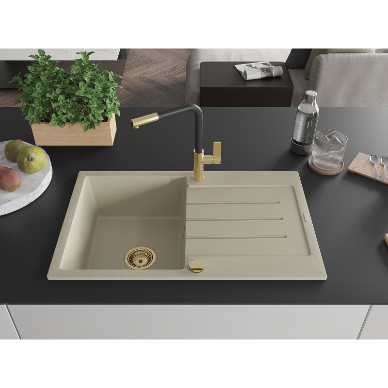 Mexen Bruno fregadero de granito de 1 compartimiento con escurridor y grifo de cocina Flora, beige - 6513-69-670401-57-G