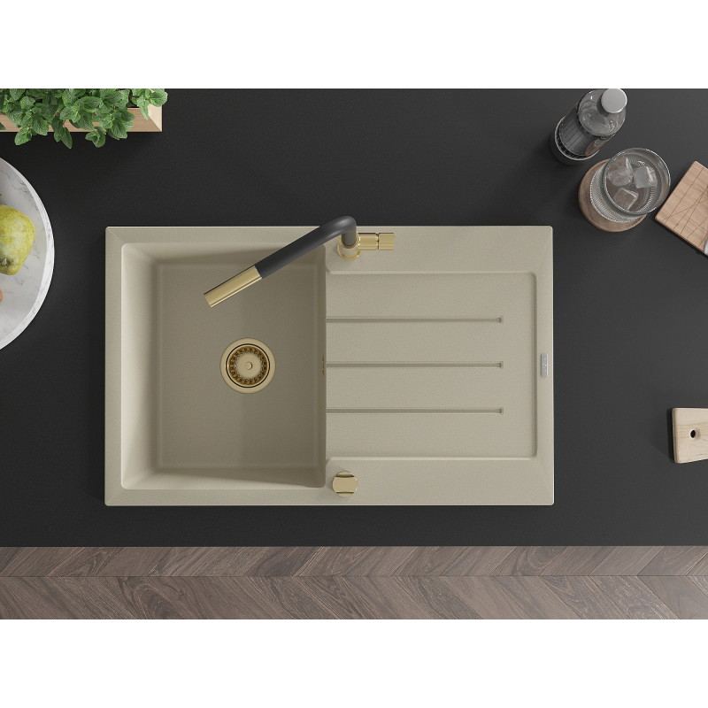 Mexen Bruno fregadero de granito de 1 cubeta con escurridor y grifo de cocina Flora, beige - 6513-69-670401-57-G