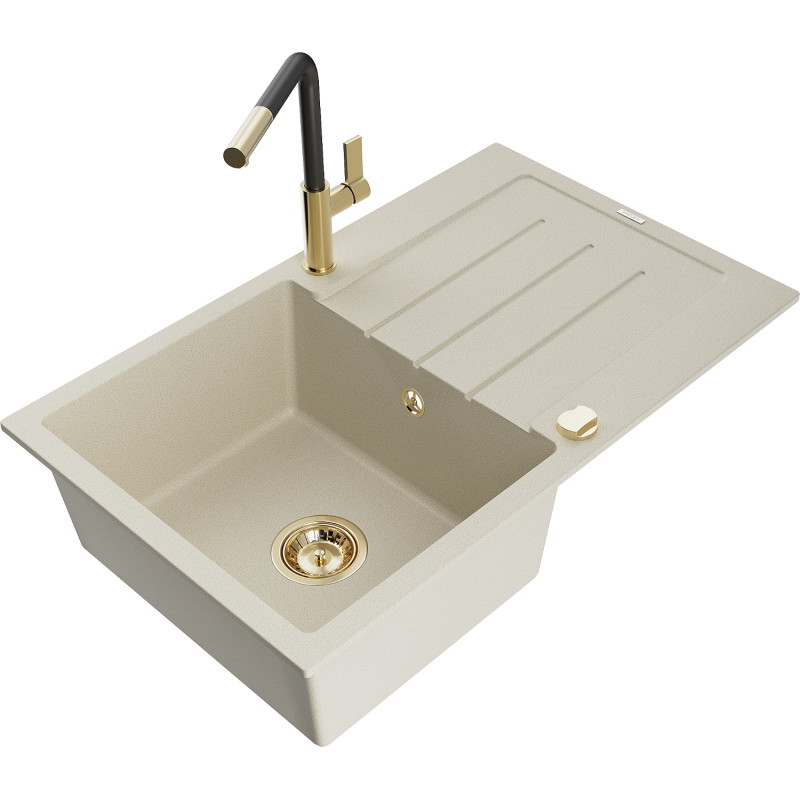 Mexen Bruno granitspüle 1-becken mit abtropffläche und küchenarmatur Flora, beige - 6513-69-670401-57-G