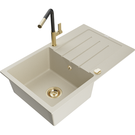 Mexen Bruno évier en granit 1 bac avec égouttoir et robinet de cuisine Flora, beige - 6513-69-670401-57-G