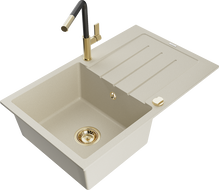 Mexen Bruno Granitspüle 1-Kammer mit Abtropffläche und Küchenarmatur Flora, beige - 6513-69-670401-57-G