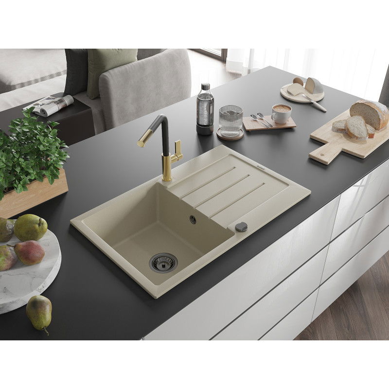 Mexen Bruno lavello in granito a 1 vasca con sgocciolatoio e miscelatore da cucina Flora, beige - 6513-69-670401-57-B