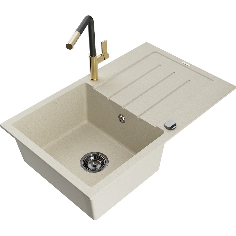 Mexen Bruno fregadero de granito de 1 seno con escurridor y grifo de cocina Flora, beige - 6513-69-670401-57-B