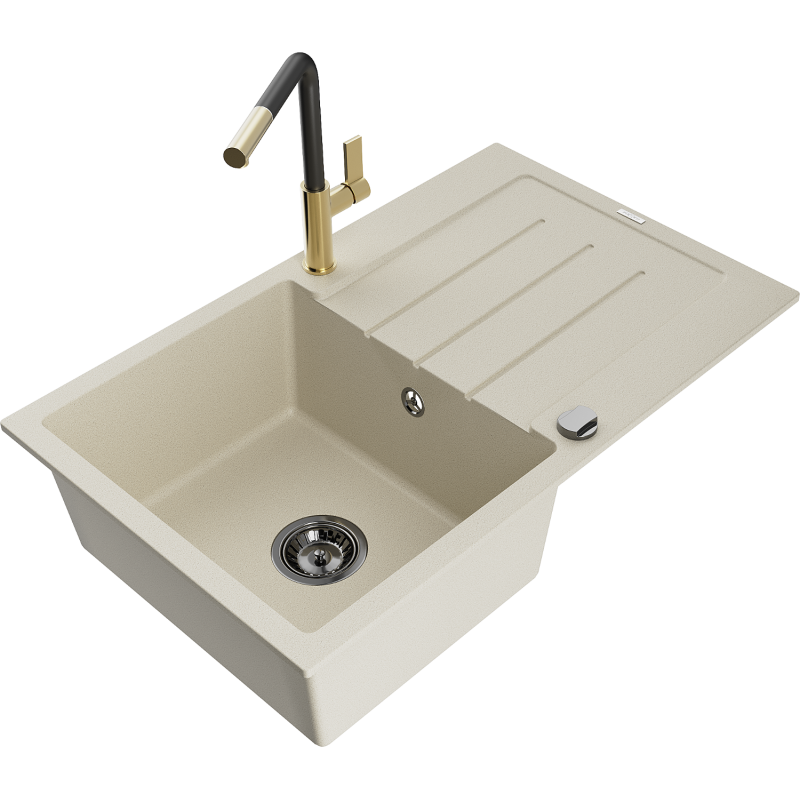 Mexen Bruno Granitspüle 1-beckig mit Abtropffläche und Küchenarmatur Flora, beige - 6513-69-670401-57-B