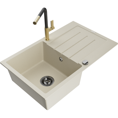 Mexen Bruno granite sink 1-bowl with drainer and Flora kitchen tap, beige - 6513-69-670401-57-B
