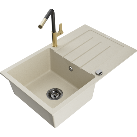 Mexen Bruno Granitspüle 1-beckig mit Abtropffläche und Küchenarmatur Flora, beige - 6513-69-670401-57-B