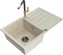 Mexen Bruno granieten spoelbak met 1 bak en afdruiprek en keukenkraan Flora, beige - 6513-69-670401-57-B