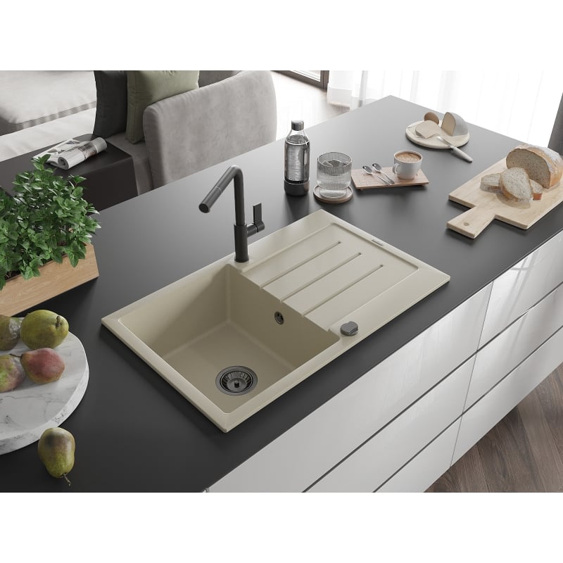 Mexen Bruno évier en granit 1 bac avec égouttoir et robinet de cuisine Flora, beige - 6513-69-670401-70-B