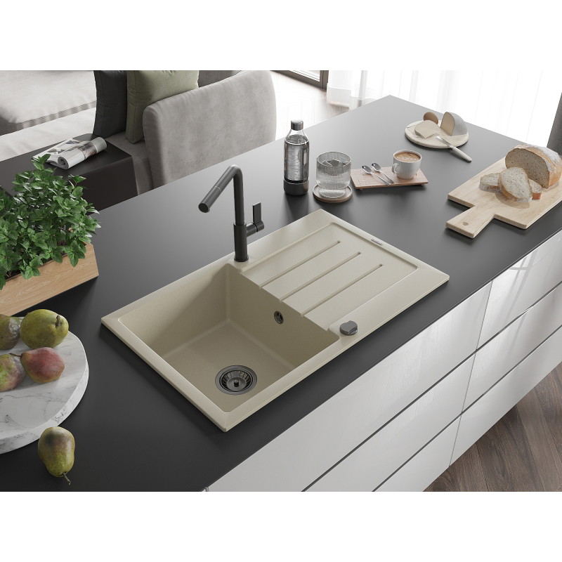 Mexen Bruno granitische spoelbak 1-comparteer met afdruiprek en Flora keuken kraan, beige - 6513-69-670401-70-B