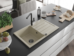 Mexen Bruno granieten gootsteen 1-komorige met afdruiprek en keukenkraan Flora, beige - 6513-69-670401-70-B