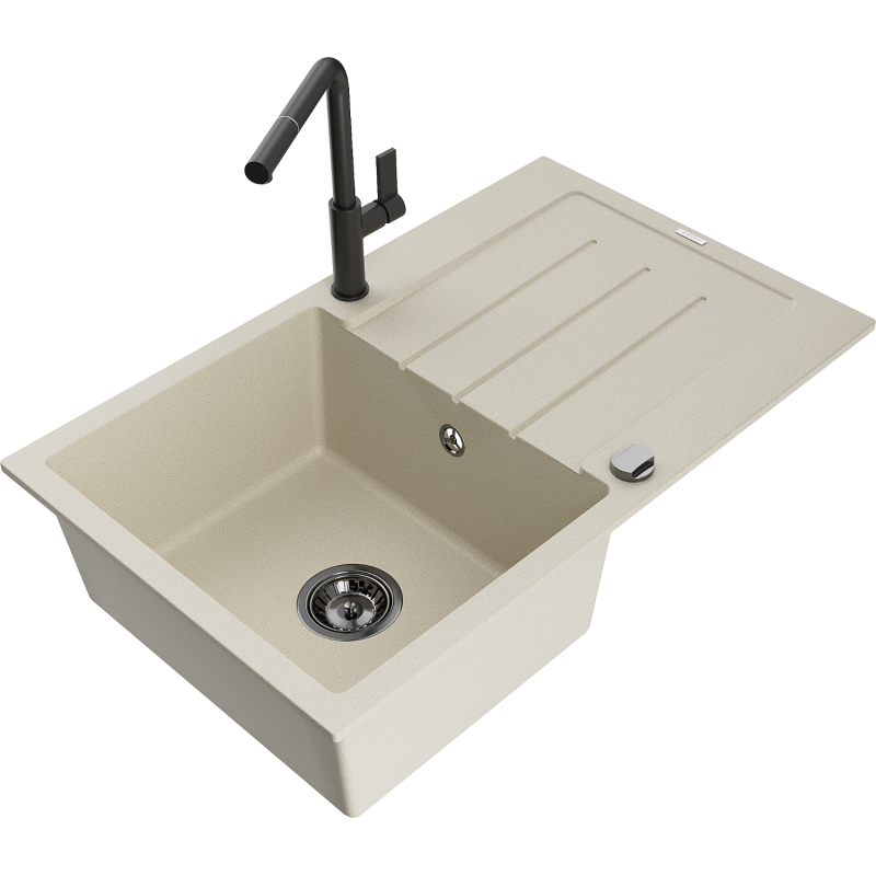 Mexen Bruno 1-bowl granite sink with drainer and Flora kitchen tap, beige - 6513-69-670401-70-B