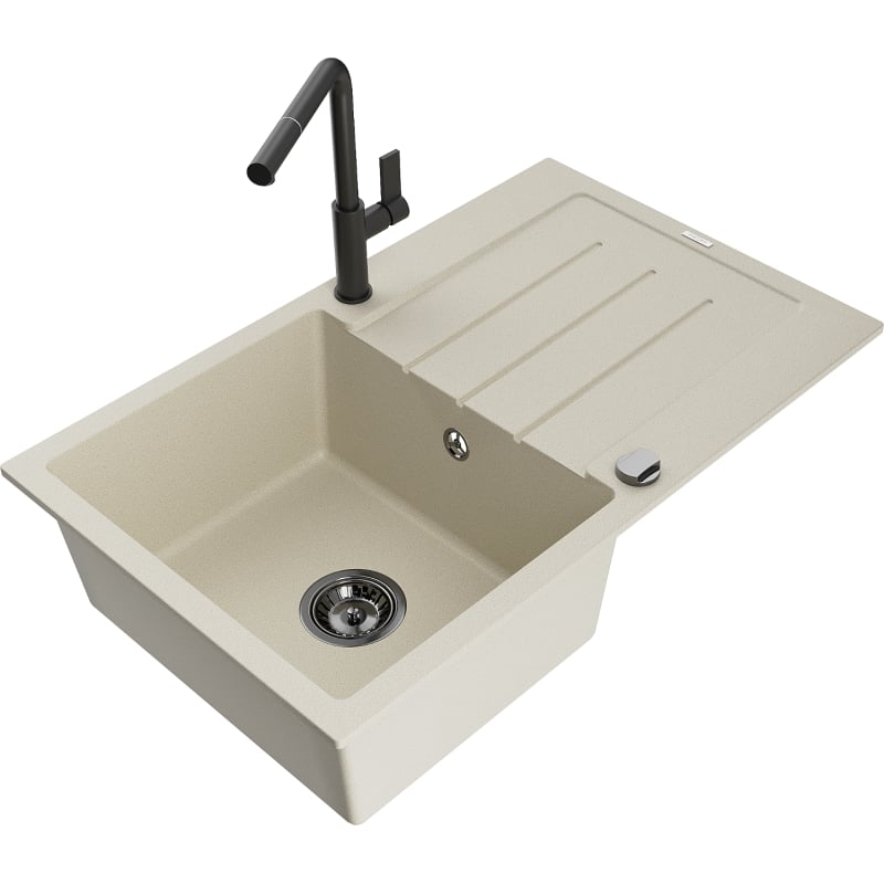 Mexen Bruno évier en granit 1 bac avec égouttoir et robinet de cuisine Flora, beige - 6513-69-670401-70-B