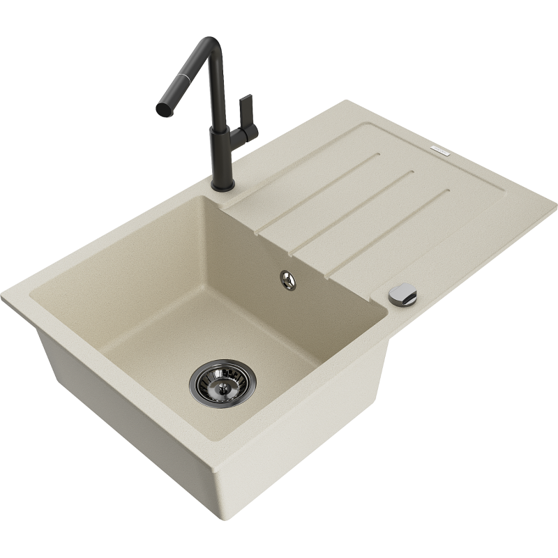 Mexen Bruno fregadero de granito de 1 seno con escurridor y grifo de cocina Flora, beige - 6513-69-670401-70-B