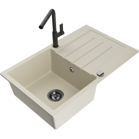 Mexen Bruno 1-bowl granite sink with drainer and Flora kitchen tap, beige - 6513-69-670401-70-B