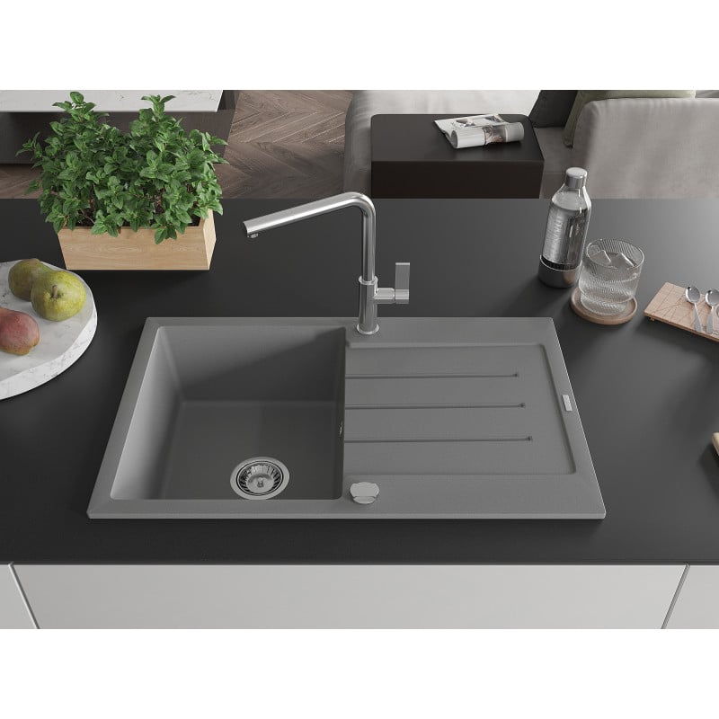 Mexen Bruno 1-bowl granite sink with drainer and Flora kitchen tap, grey - 6513-71-670401-00
