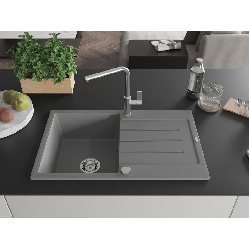 Mexen Bruno granitspüle 1-becken mit abtropffläche und küchenarmatur Flora, grau - 6513-71-670401-00