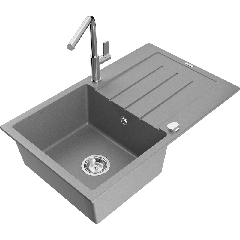 Mexen Bruno lava-louça em granito de 1 cuba com escorredor e torneira de cozinha Flora, cinza - 6513-71-670401-00