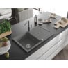 Mexen Bruno Granitspüle 1-beckig mit Abtropffläche und Küchenarmatur Flora, grau - 6513-71-670401-06