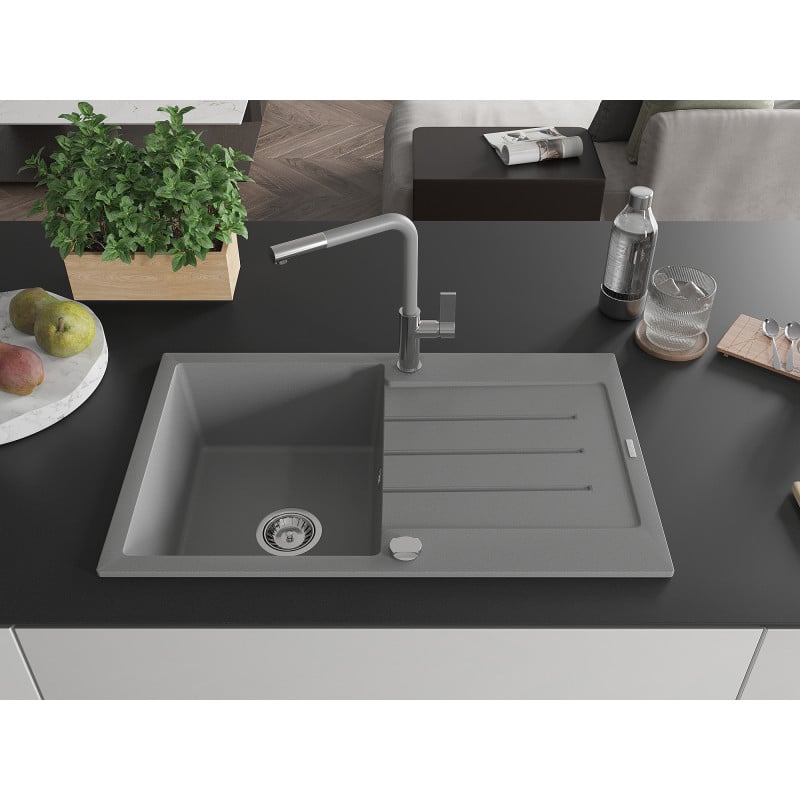 Mexen Bruno granite sink 1-bowl with drainer and Flora kitchen tap, grey - 6513-71-670401-06