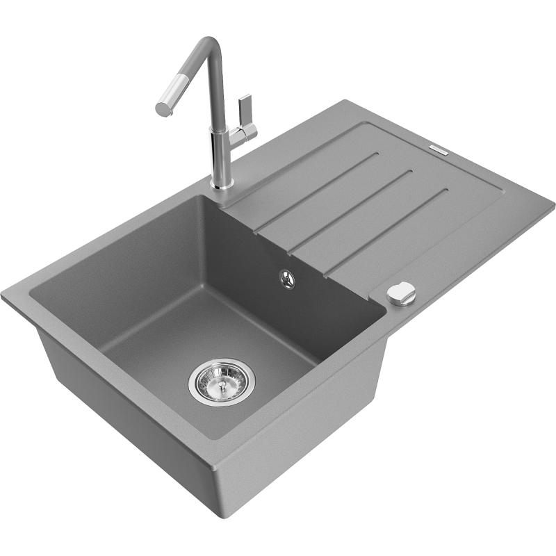 Mexen Bruno fregadero de granito de 1 cubeta con escurridor y grifo de cocina Flora, gris - 6513-71-670401-06