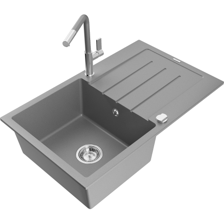 Mexen Bruno fregadero de granito de 1 cubeta con escurridor y grifo de cocina Flora, gris - 6513-71-670401-06